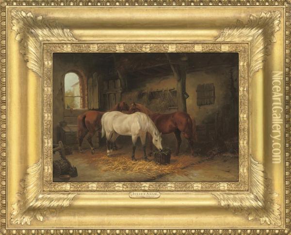 Three Horses In A Stable Oil Painting - Julius I Adam