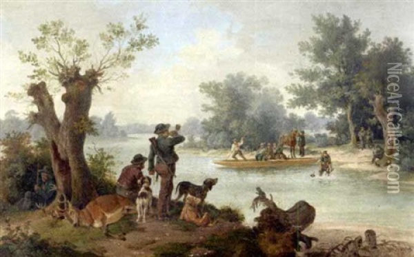 Jagdgesellschaft An Einem Fluss Oil Painting - Joseph Kirchmair