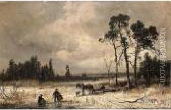A Winterlandscape With Travellers On The Ice Oil Painting - Adolf Stademann