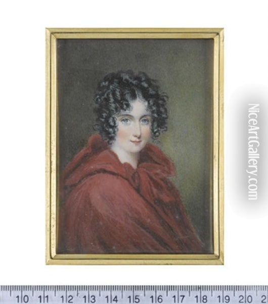 A Lady, Wearing Red Cloak With Hood, Her Raven Hair Upswept And Curled In Ringlets Framing Her Face Oil Painting - Louisa Sharpe