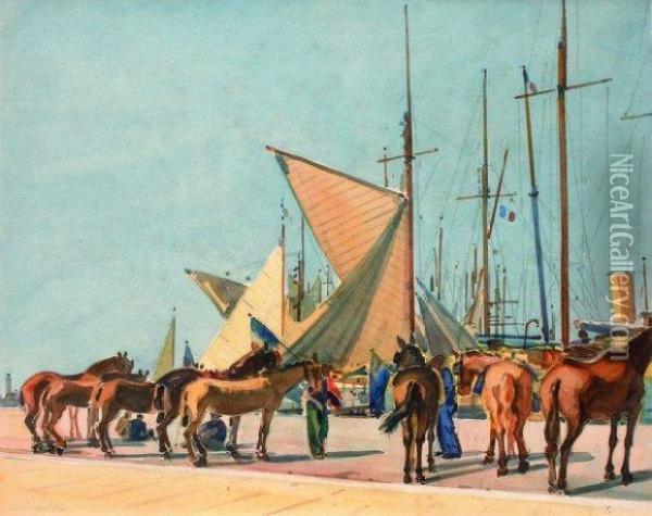 Chevaux Sur Le Port (nice ?) Oil Painting - Tony Minartz