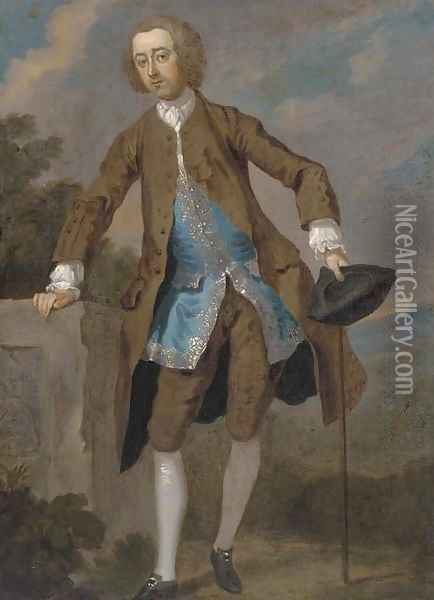 Portrait of Gustavus Hamilton (1710-1746), 2nd Viscount Boyne, small full-length, in a brown frock coat and blue waistcoat Oil Painting - William Hogarth