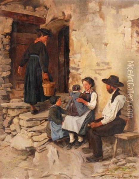 Bauernfamilie Vor Einem Haus In Savieze Oil Painting - Henri Van Muyden