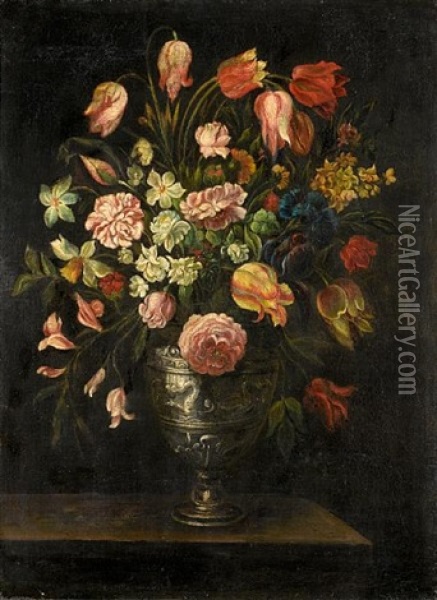 Roses, Tulips, Narcissi And Other Flowers In A Pewter Urn, On A Table Top Oil Painting - Giacomo Recco