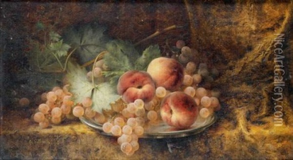 Nature Morte Au Plat De Peches Et Raisins Oil Painting - Joseph-Eugene Gilbault