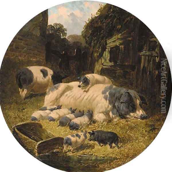 Berkshire saddlebacks with pigs and piglets in a farmyard Oil Painting - John Frederick Herring Snr
