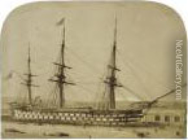 H.m.s. Duke Of Wellington Keyham
 Dock, 4th March 1854, And H.m.s. Queen In Keyham Dock, October 1853. 
Two Studies, 1853-4 Oil Painting - Linneaus Tripe