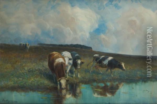 Vaches S'abreuvant Oil Painting - Maurice Hagemans