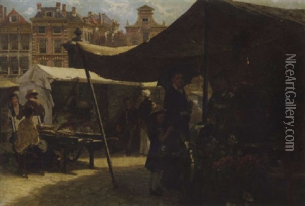 Buying Flowers On The Market On A Sunny Day Oil Painting - Theodorus Ludovicus Mesker
