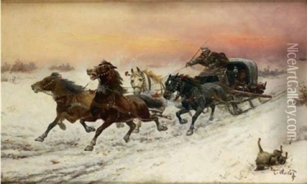 La Chasse Aux Loups Oil Painting - Adolf (Constantin) Baumgartner-Stoiloff