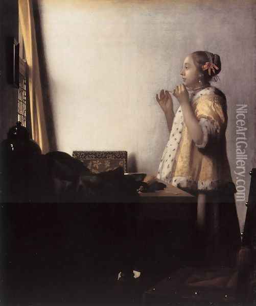 Woman with a Pearl Necklace 1662-64 Oil Painting - Jan Vermeer Van Delft
