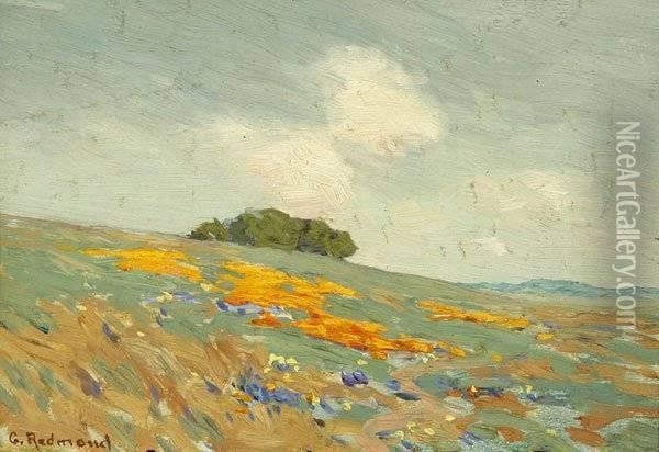 Poppies And Lupine In A California Landscape Oil Painting - Granville Redmond