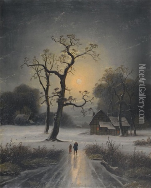Winterlicher Spaziergang Bei Vollmond Oil Painting - Johann Gustav Lange