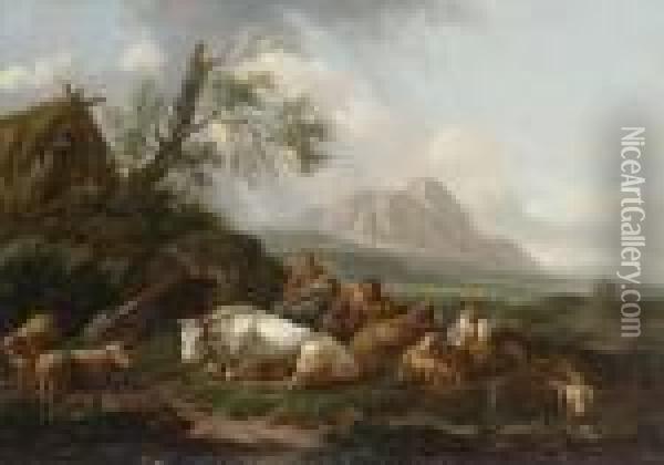 Lagernde Hirtenfamilie Mit Vieh
 Nahe Einer Strohgedeckten Hutte In Weiter
 Gebirgslandschaft. Oil Painting - Joseph Rosa Roos