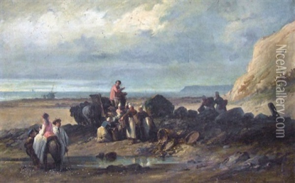 Dechargement Et Promenade Sur La Greve En Bretagne Oil Painting - Jules David