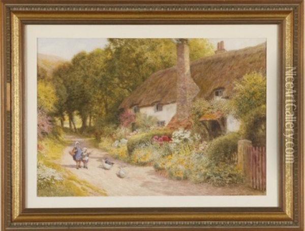 Cottage And Garden With Two Girls And Geese Oil Painting - Arthur Claude Strachan