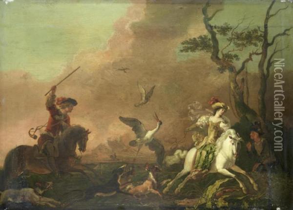 An Elegant Hawking Party Hunting Heron; And An Elegant Hawking Party At Rest Oil Painting - Abraham Hondius