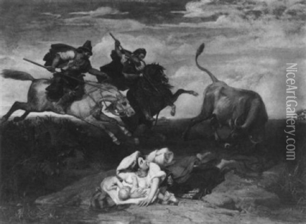 In Der Campagna, Junge Mutter Und Ihr Kind Werden Von Zwei Reitern Vor Angreifendem Stier Gerettet Oil Painting - Leopold-Louis Robert