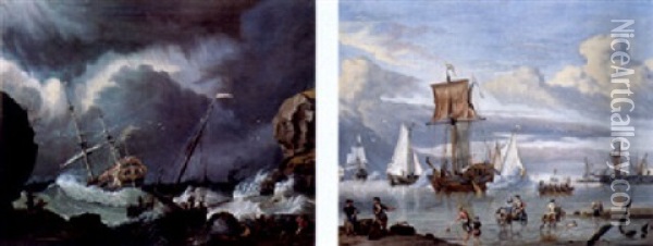 A Storm: A Threemaster And A Wijdschip Foundering Off A Rocky Coast, Sailors Coming To The Rescue Nearby Oil Painting - Ludolf Backhuysen the Elder