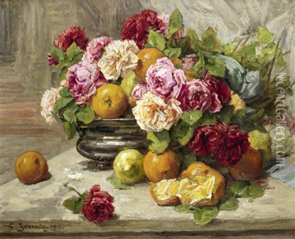 Still Life Of Roses And Fruit Oil Painting - Georges Jeannin