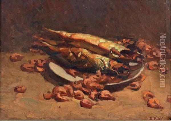 Nature Morte Aux Poissons Et Aux Crevettes Oil Painting - Theodule Ribot