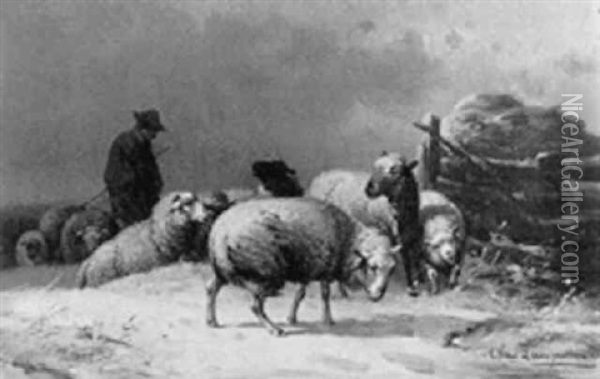 A Shepherd And Flock In A Snowstorm Oil Painting - Cornelis van Leemputten