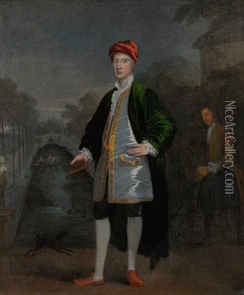 Portrait Of Richard Boyle, Later 3rd Earl Of Burlington And 4th Earl Of Cork (1694-1753), With His Gardener James Scott, Before The Formal Gardens At Chiswick House Oil Painting - William Aikman