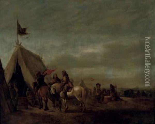Cavalry Resting At An Encampment, A Town Beyond Oil Painting - Abraham van der Hoef