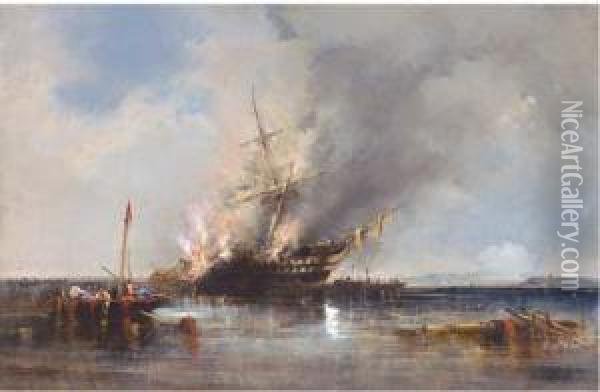 The Loss Of H.m.s. Bombay Off Montevideo Oil Painting - William McAlpine