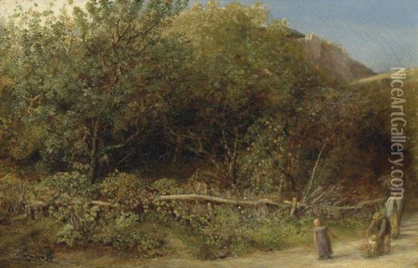 Figures On A Wooded Track Oil Painting - John Linnell