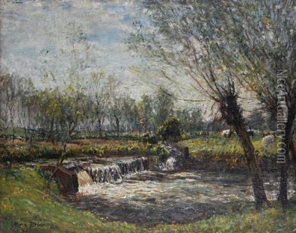 A Weir With Cattle Grazing Beyond Oil Painting - William Mark Fisher