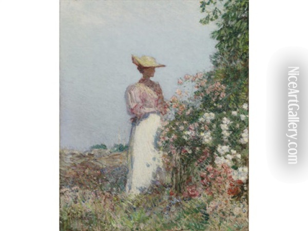 Lady In A Garden Oil Painting - Childe Hassam