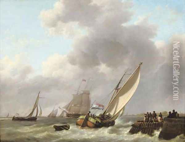A busy day on the water near a jetty Oil Painting - Johannes Hermanus Koekkoek
