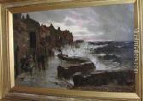Fisherfolk On The Seafront At A Stormy Sunset, Signed, Oil On Canvas Oil Painting - Richard Wane