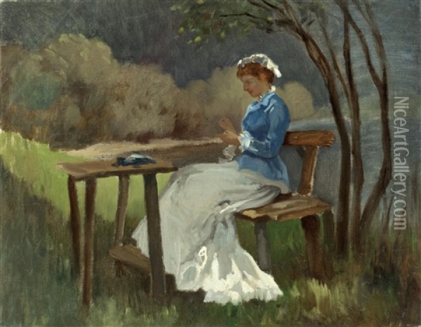 Sitzende Dame Mit Handarbeit Unter Baum Am See Oil Painting - Julius von Blaas