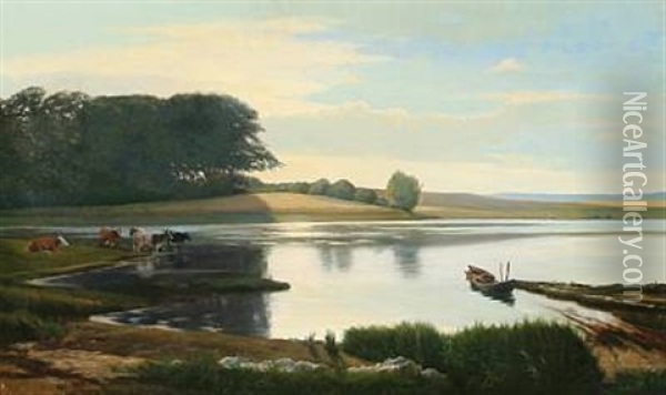 Summer Idyll With Cows At A Fiord Oil Painting - Albert Ruedinger