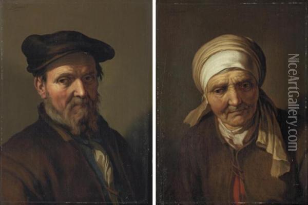 An Elderly Man, Bust-length, In A
 Brown Coat And Hat; And An Elderly Woman, Bust-length, In A Brown Coat 
And Headscarf Oil Painting - Abraham Bloemaert