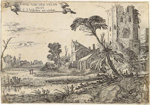 Zwei Monche Auf Dem Weg Vor Einem Ruinosen Turm Oil Painting - Esaias Van De Velde