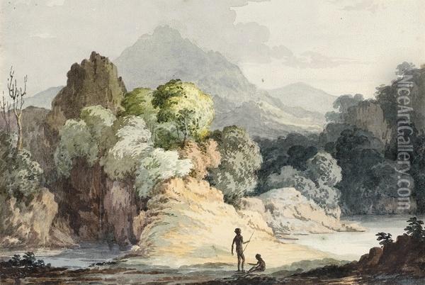 Aborigines Beside A Stream, Van Diemen's Land Oil Painting - John Glover Jnr.