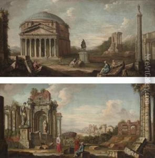 A Roman Capriccio Of The Pantheon Oil Painting - Adriaen Van Diest