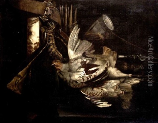 A Dead Partridge And Hunting Paraphernalia Hanging Above A Draped Marble Ledge Oil Painting - Willem Van Aelst