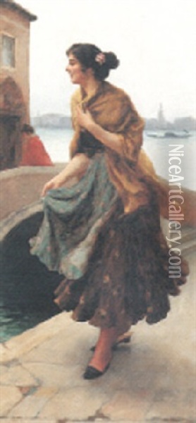 A Young Beauty By A Venetian Canal Oil Painting - Stefano Novo