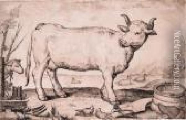 A Cow, A Couple Merrymaking Beyond Oil Painting - Jacob Matham