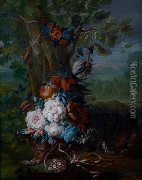 Bouquet De Fleurs Depose Au Pied D'un Arbre Oil Painting - Joseph-Laurent Malaine