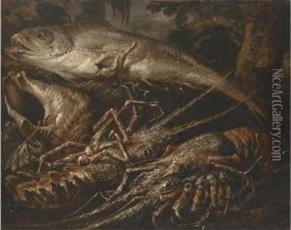 Two Lobsters, A Salmon And Shells On A Forest Floor Oil Painting - Felice Boselli Piacenza
