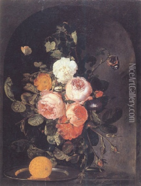 Still Life Of Flowers In A Glass Vase With An Orange On A Pewter Plate, Before A Stone Niche Oil Painting - Christiaan Luycks