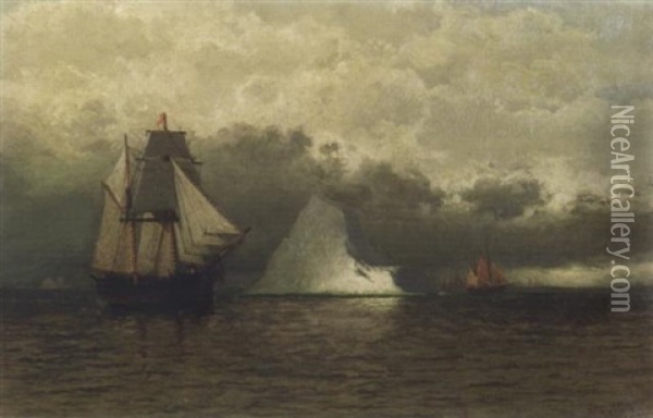 Whaler And Schooners Sailing Past Icebergs Oil Painting - William Bradford