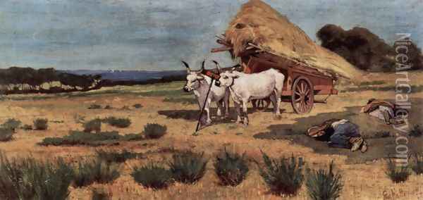 Break in Maremma with farmers and oxen driving Oil Painting - Giovanni Fattori