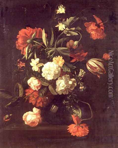 Roses, tulips, peonies and other flowers in a vase Oil Painting - Simon Pietersz. Verelst