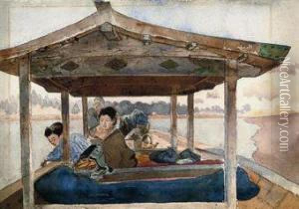 Japanese Figures On A Boat Oil Painting - Charles A., Wirgman Jnr.